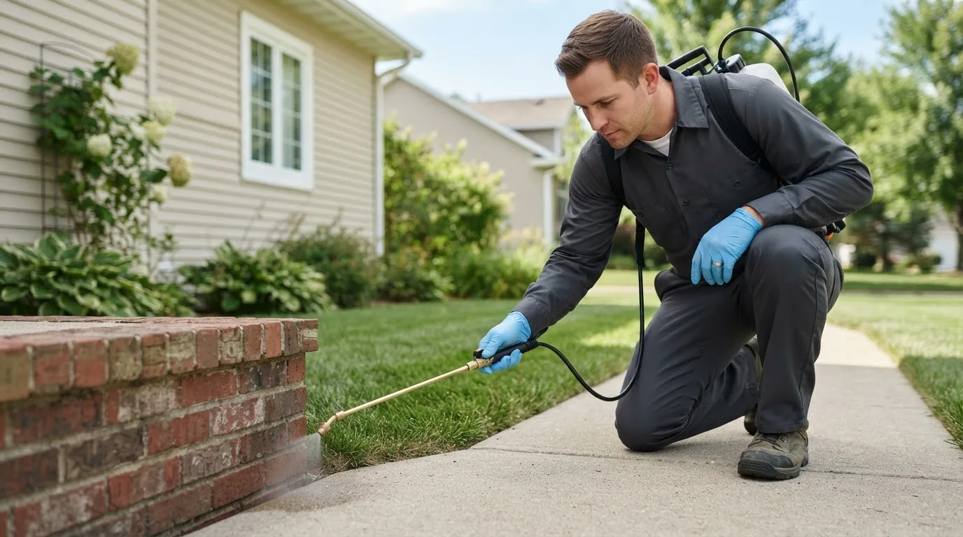 Pest control technician treating a home near West Point, IL
