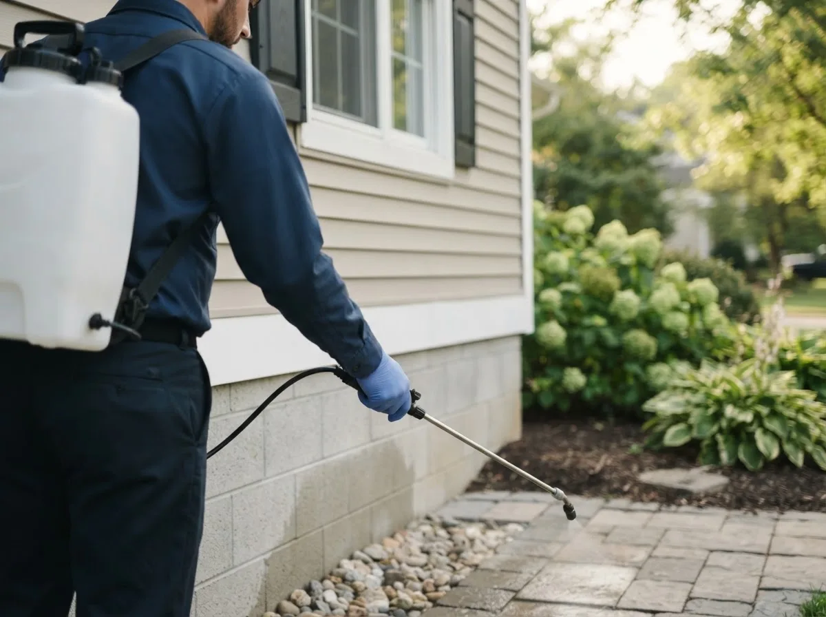 Pest control technician inspecting a home in West Point, IL
